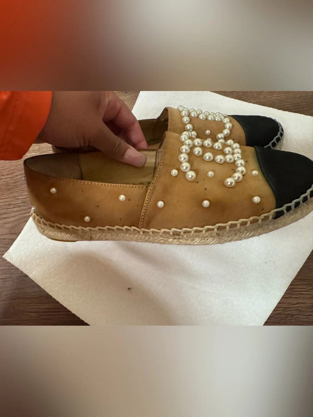 AUTHENTIC CHANEL Tan Suede Pearl-Embellished Flats
